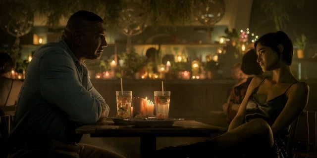 Joe (Dave Bautista) and Maize (Sofia Boutella) in The Killer's Game