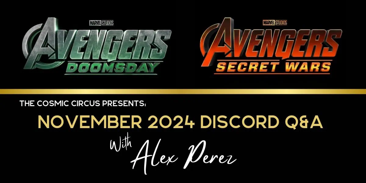 November discord q&a with Alex Perez featuring Avengers Doomsday and Secret Wars logos