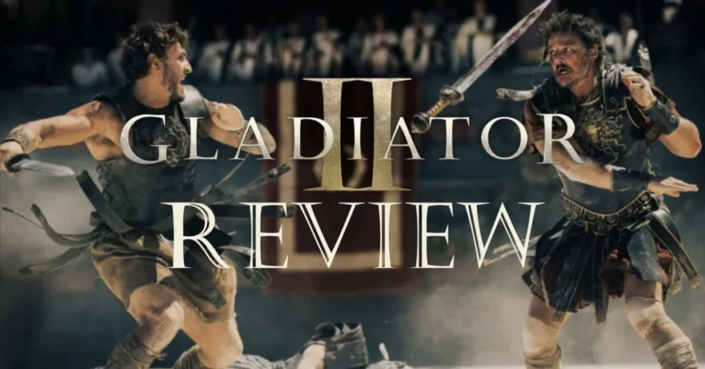 gladiator-2-review-banner warriors fighting in background Paul Mescal and Pedro Pascal