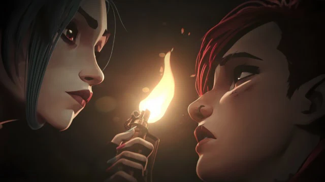 Jinx and Vi with a flame between them in 'Arcane' 