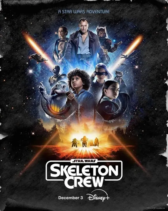 Poster for Star Wars: Skeleton Crew featuring Jude Law and the kids and other characters