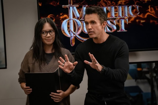 Poppy Li (Charlotte Nicdao) and Ian Grimm (Rob McElhenney) in Mythic Quest Season 4