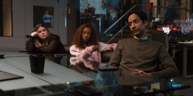 Jo (Jessie Ennis), Dana (Imani Hakim) and Brad (Danny Pudi) in Mythic Quest Season 4