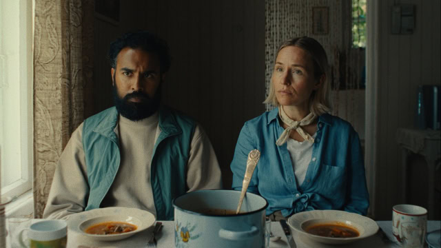 Still image from Bubble and Squeak with Himesh Patel and Sarah Goldberg . Sundance 2025