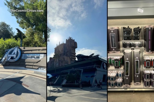 Avengers Campus sign, the main area, and the gift shop