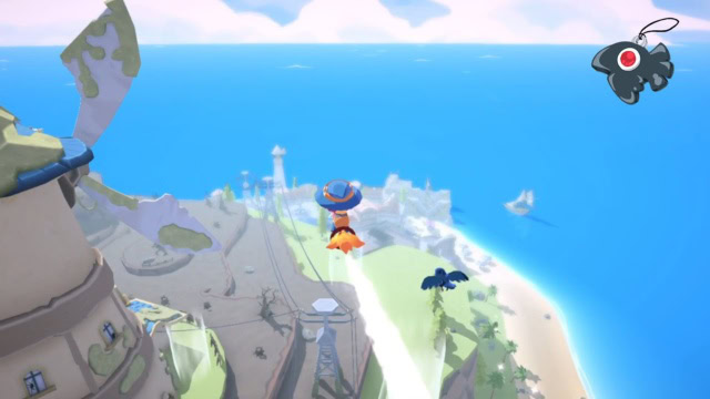 Mika flying on a broom through the island in 'Mika and the Witch's Mountain' game