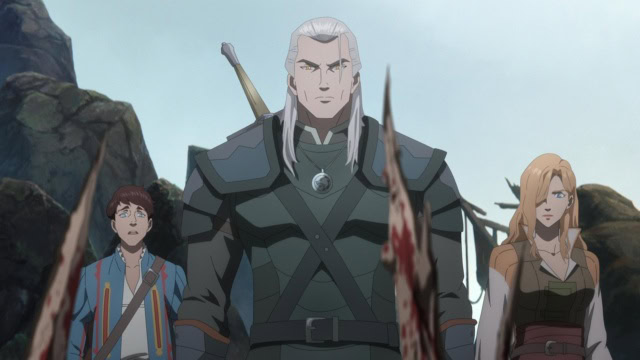 Jaskier, Geralt and Essi in 'The Witcher: Sirens of the Deep'