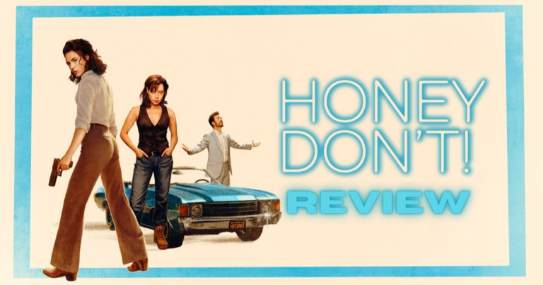 A detailed review of the film "Honey Don't!" featuring characters with vintage style and a classic c.