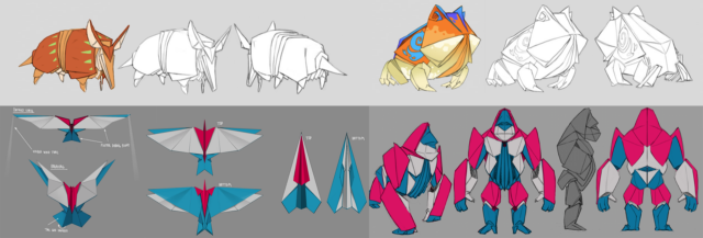 Concept art for multiple animal folding forms in 'Hirogami'
