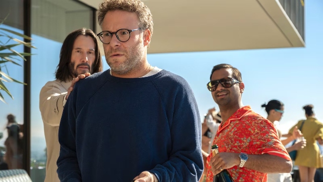 Keanu Reeves, Aziz Ansari, and Seth Rogen in Good Fortune.