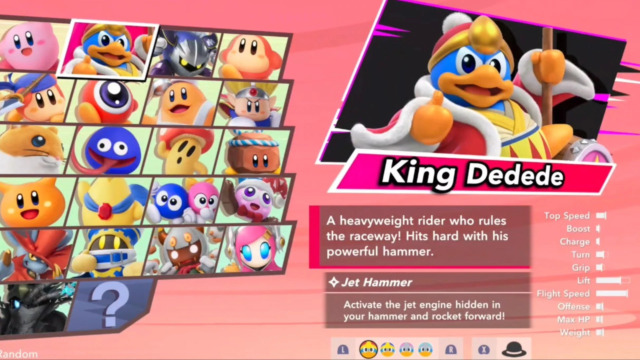 Character selection screen in 'Kirby Air Riders'