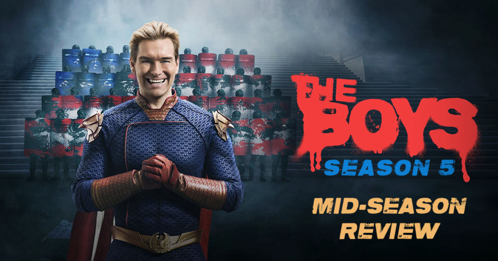 The Boys Season 5 mid-season review poster with Homelander smiling confidently.