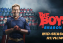 The Boys Season 5 mid-season review poster with Homelander smiling confidently.