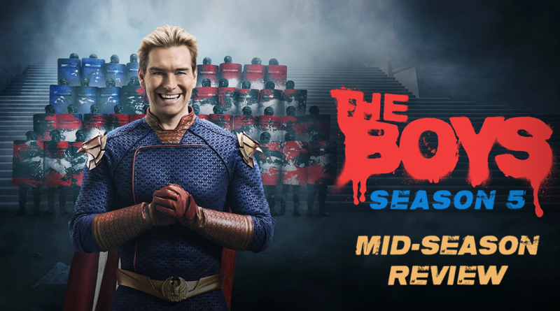The Boys Season 5 mid-season review poster with Homelander smiling confidently.
