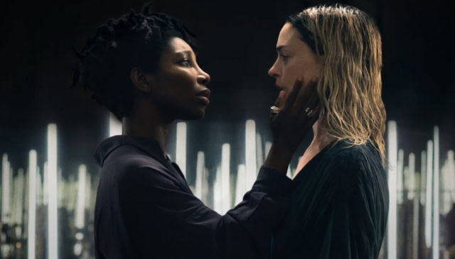 Anne Hathaway and Michaela Coel in Mother Mary (A24)