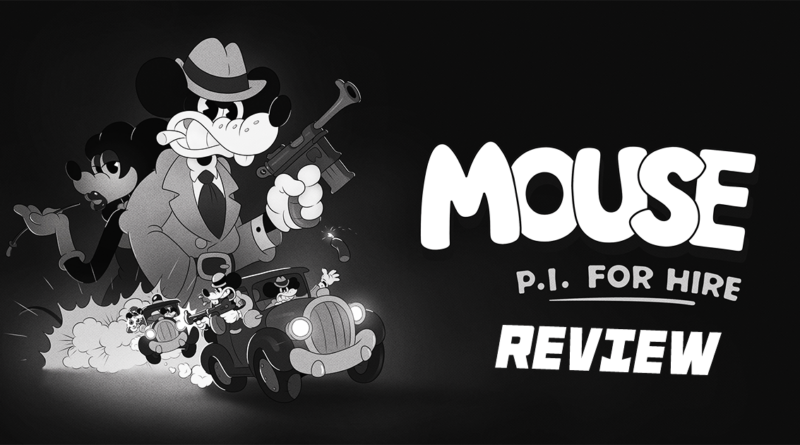 Mouse P.I. For Hire Game Review Cartoon mouse detective in a noir style with a magnifying glass and vintage car.
