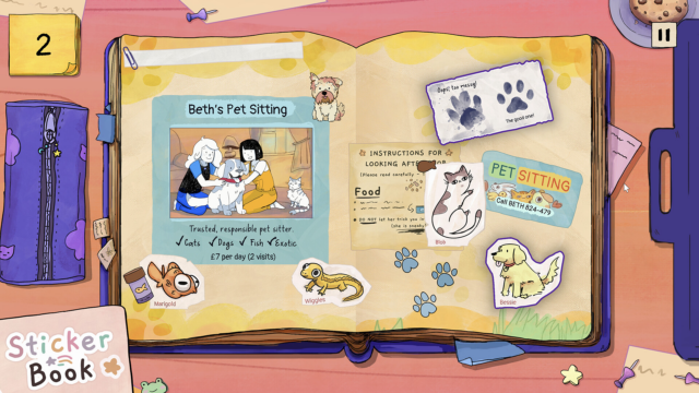 Colorful illustration of a pet sitting journal with pets and notes from Pieced Together, a cozy game on Steam