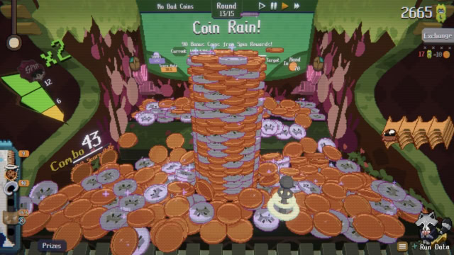 Raccoin Coin Pusher Roguelike featuring stacks of coins and game interface elements.