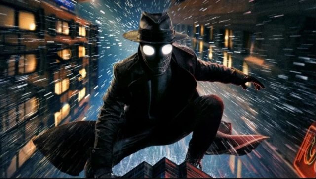Spider-Noir series image from show. Mysterious figure in a trench coat and hat with glowing eyes, urban night scene.