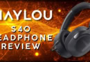 Haylou S40 headphones review with a vibrant digital background.