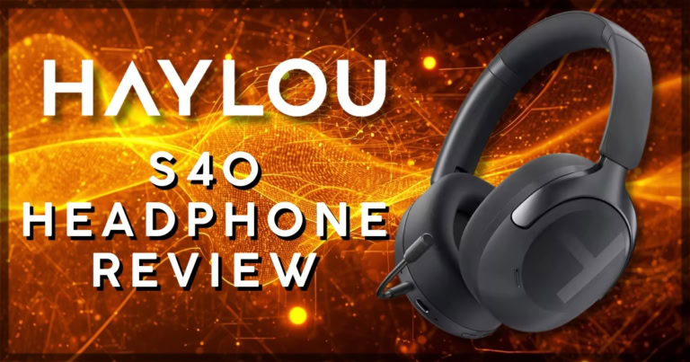 Haylou S40 headphones review with a vibrant digital background.