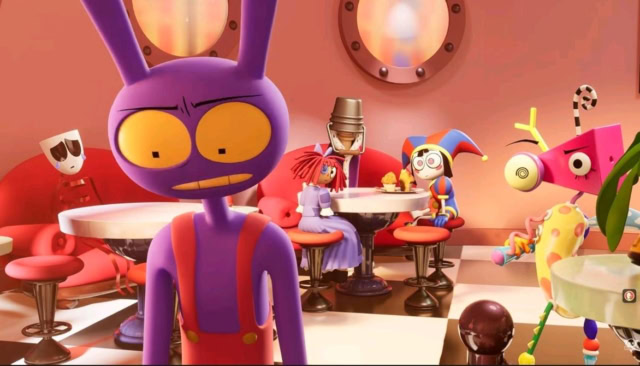 Colorful animated characters in a whimsical cafe scene from amazing-digital-circus-the-last-act