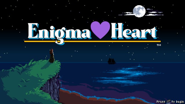 Enigma Heart video game scene with moonlit ocean and a character on a cliff.