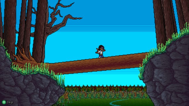 Enigma Heart game image. Pixel art scene of a character walking on a log between two trees in a forest.