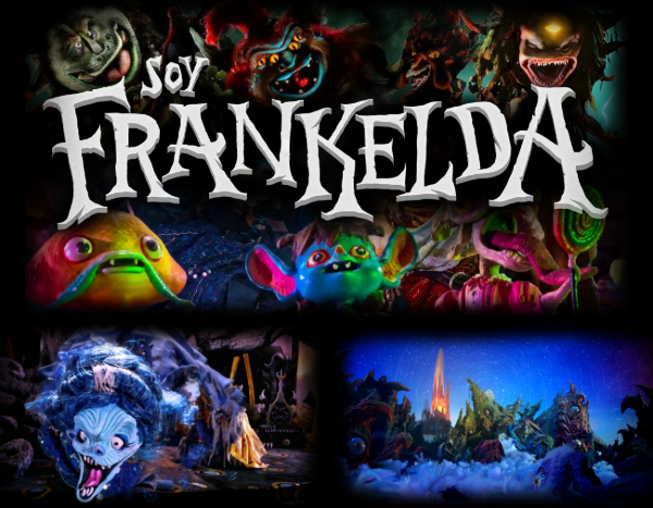 A colorful, spooky illustration featuring various creepy creatures and monsters from Joy Frightelda,.