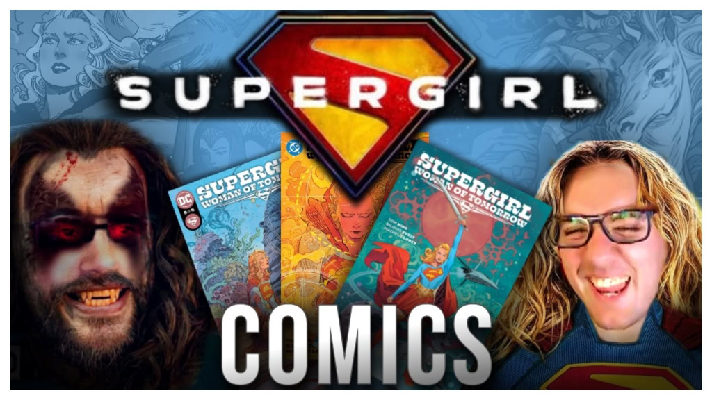 Supergirl: Woman of Tomorrow comics featuring a superhero emblem and two men, one with face paint and glasses. Inspired by the new Supergirl movie