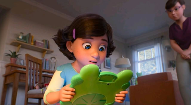 Animated girl with short brown hair playing with a green tablet in a cozy living room.
