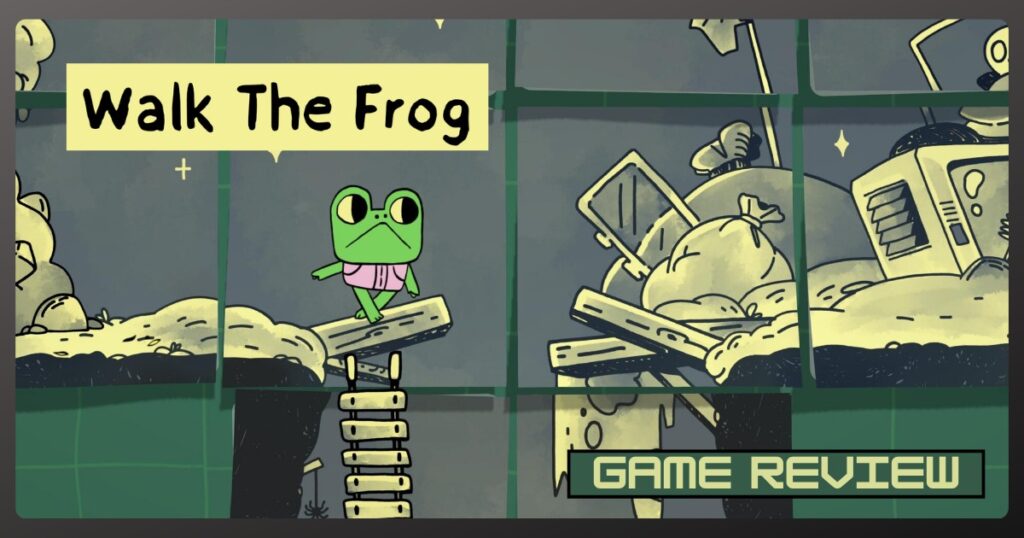 Walk The Frog game review illustration with frog character on a springboard.