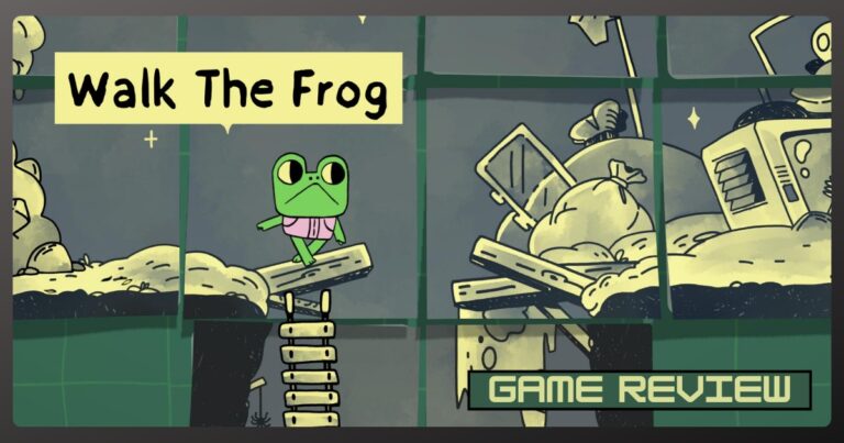 Walk The Frog game review illustration with frog character on a springboard.