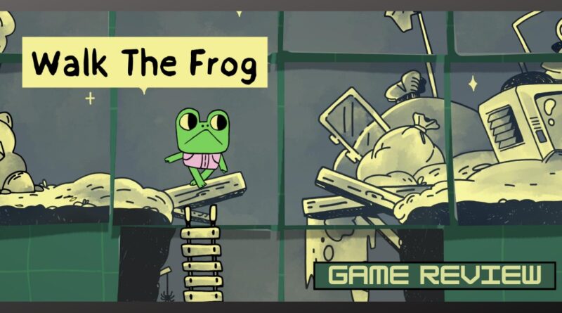 Walk The Frog game review illustration with frog character on a springboard.