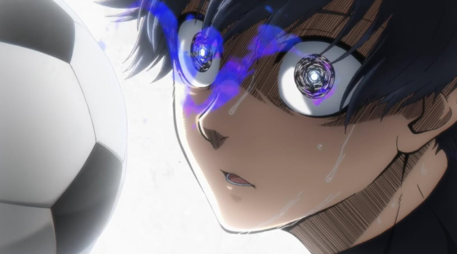 Anime character with intense eyes and headphones watching a soccer ball.