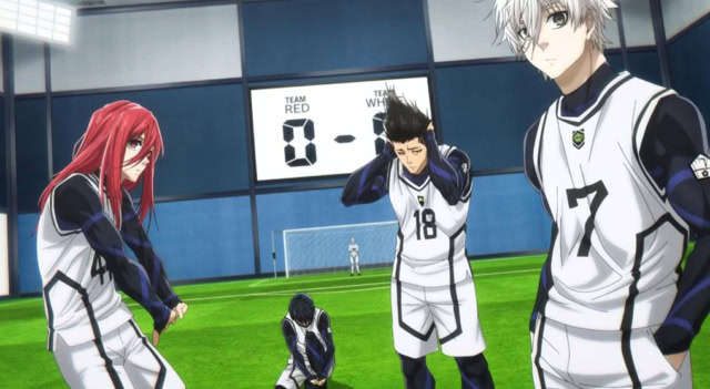 Anime characters in soccer uniforms on a field after a match.