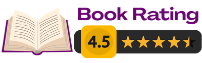 Open book with a purple and yellow book rating badge representing a rating of 4.5 stars in a book review.