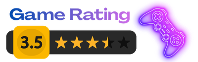 Colorful game controller with neon glow and game rating of 3.5 stars out of 5