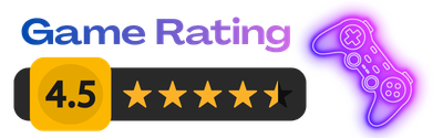 Colorful gaming controller with neon glow and game rating of 4.5 out of 5 stars