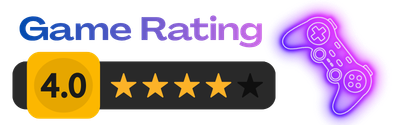 Colorful game controller with neon glow and rating of 4.0 stars out of 5 game rating