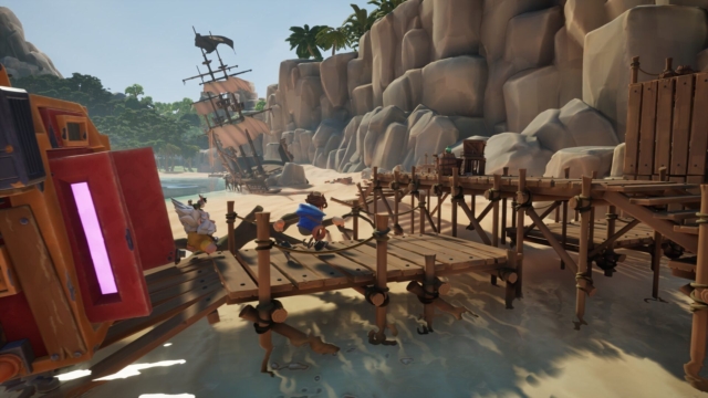Pirates exploring a tropical island with a wooden dock and shipwrecks.