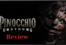 Dinochio Unstrung review poster with creepy puppet face and dark background.