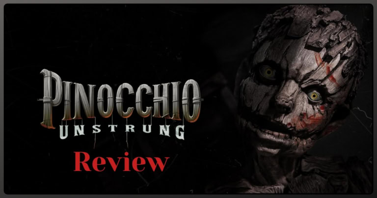Dinochio Unstrung review poster with creepy puppet face and dark background.