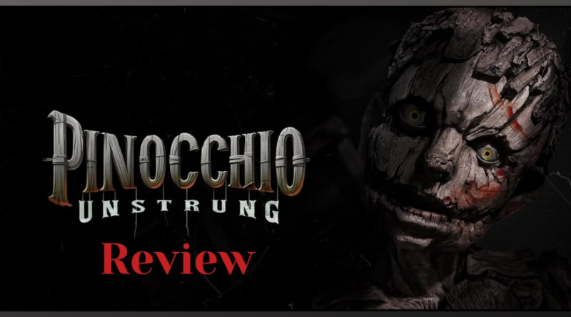 Dinochio Unstrung review poster with creepy puppet face and dark background.