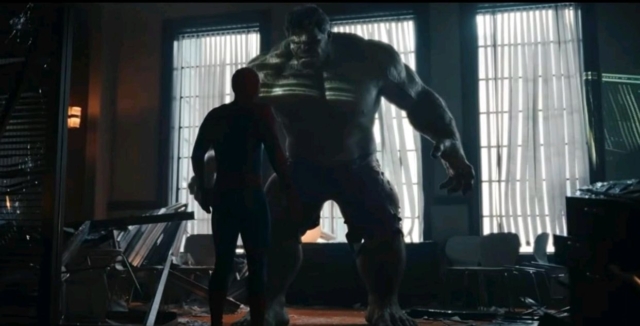 Spider-Man faces the Hulk in a dimly lit room in the movie Spider-Man Brand New Day