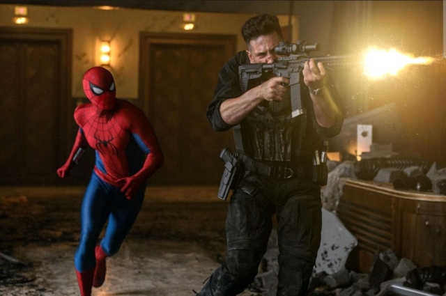 Spider-Man and the Punisher in action during a scene in the movie Spider-Man: Brand New Day