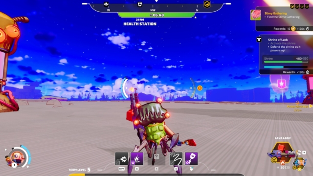 Swapmeat game play image. Futuristic robot character in a vibrant, colorful game environment with a clear blue sky.