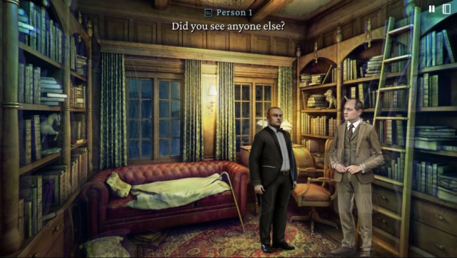 Two men in a vintage library with bookshelves and a window, discussing a suspicious activity. Gameplay in the game The Incident at Galley House