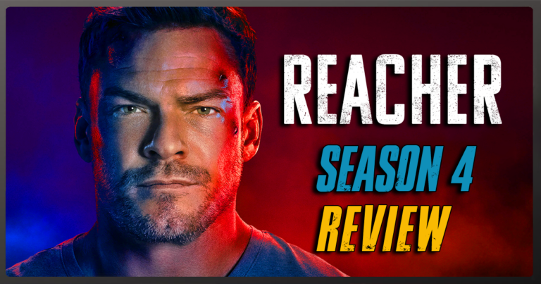 Reacher Season 4 review poster featuring a close-up of Jack Reacher's face.