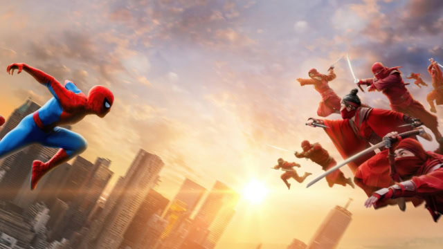 Spider-Man and ninjas fighting in a city at sunset.
